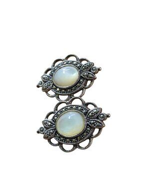 Vintage Art Deco Sterling Marcasite Moonstone Clip Earrings 1" Classic